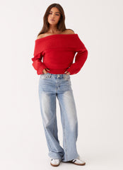 Womens Bardot Knit Long Sleeve Top in the colour Cherry in front of a light grey background
