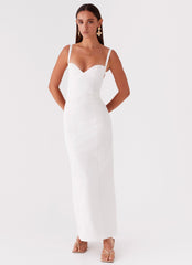 Womens Naomi Backless Maxi Dress in the colour Off White in front of a light grey background