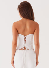 Womens Jaslyn Corset Top in the colour White in front of a light grey background