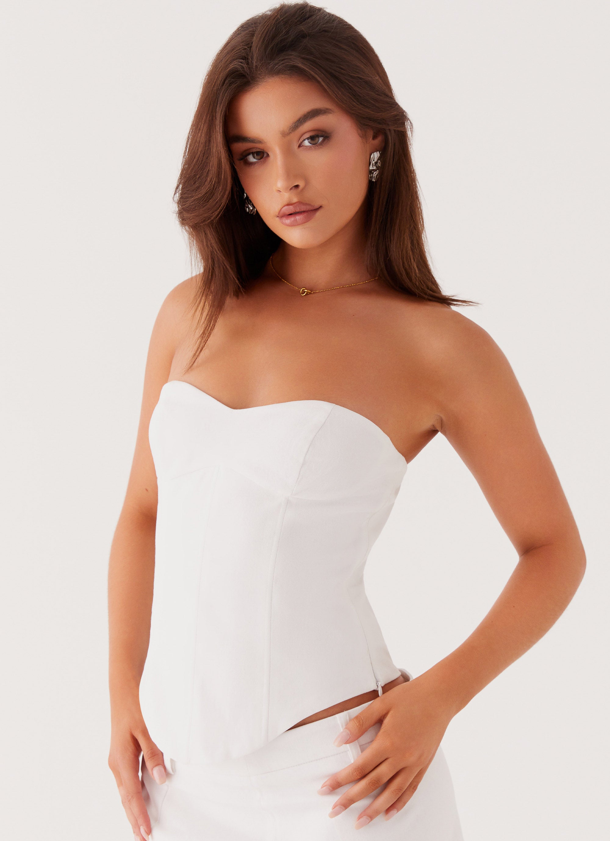 Womens Jaslyn Corset Top in the colour White in front of a light grey background