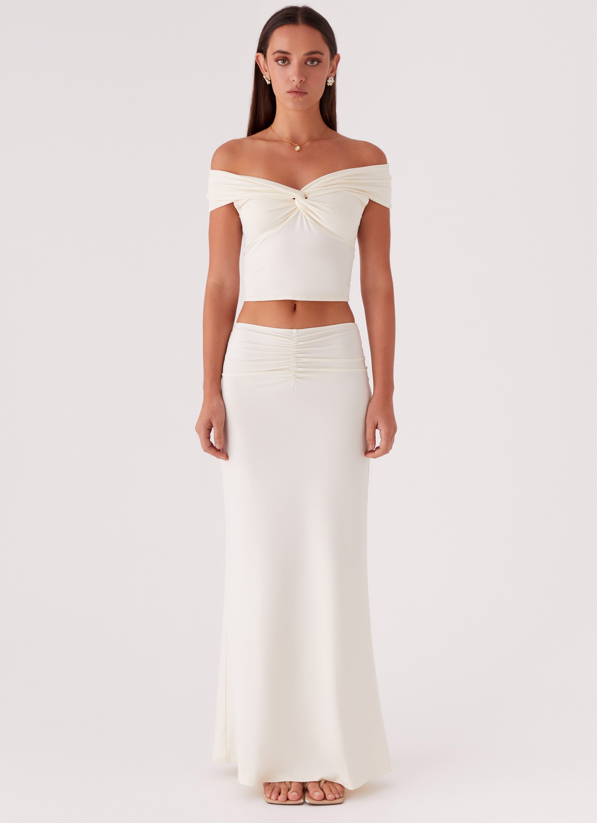 Womens Trixie Maxi Skirt in the colour Ivory in front of a light grey background