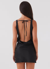 Womens Be Mine Satin Mini Dress in the colour Black in front of a light grey background