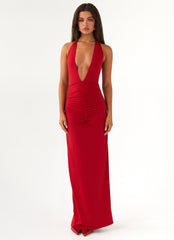 Womens Whisked Away Halterneck Maxi Dress in the colour Red in front of a light grey background