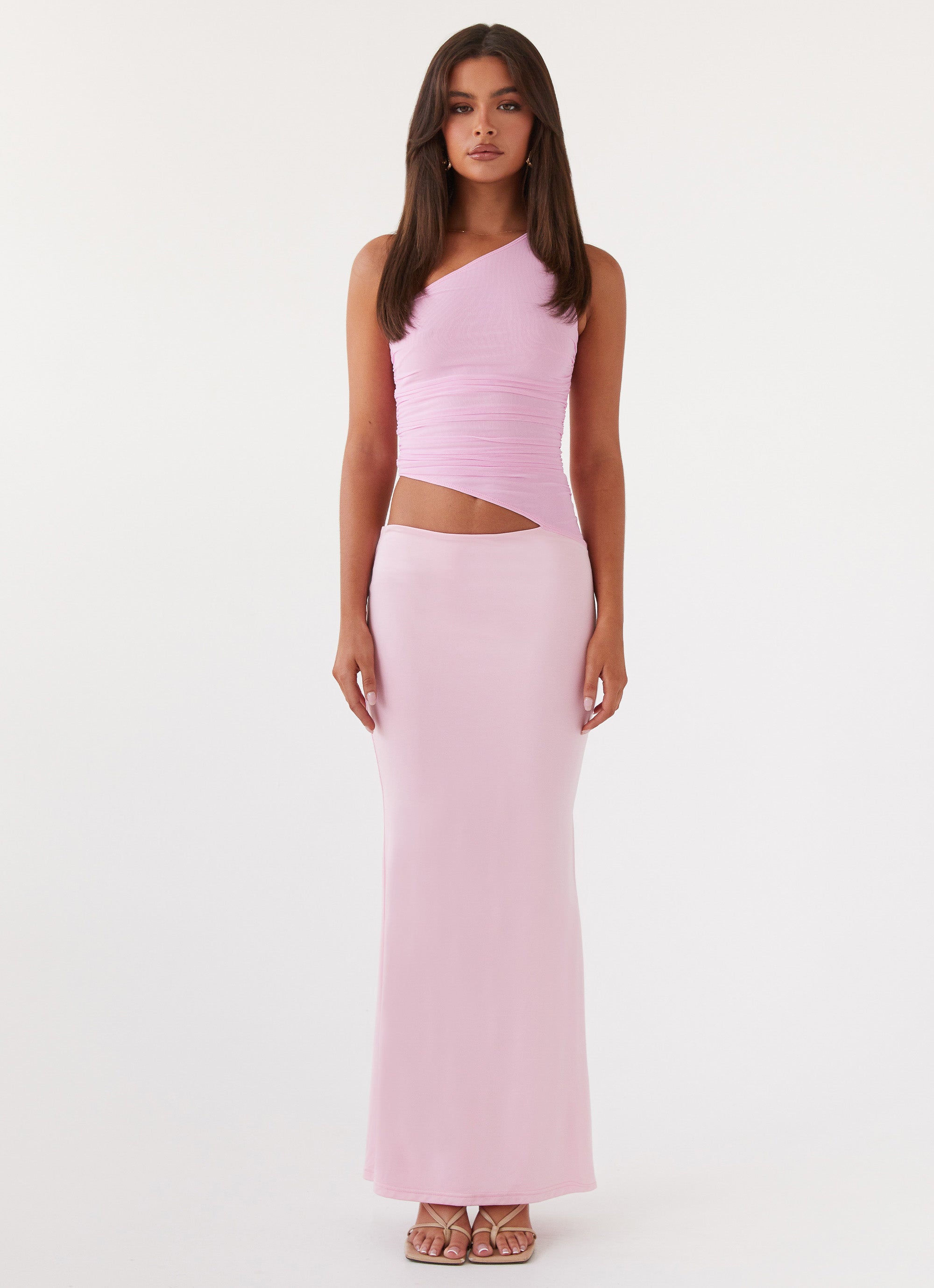 Womens Seranella One Shoulder Maxi Dress in the colour Pink in front of a light grey background