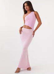 Womens Seranella One Shoulder Maxi Dress in the colour Pink in front of a light grey background