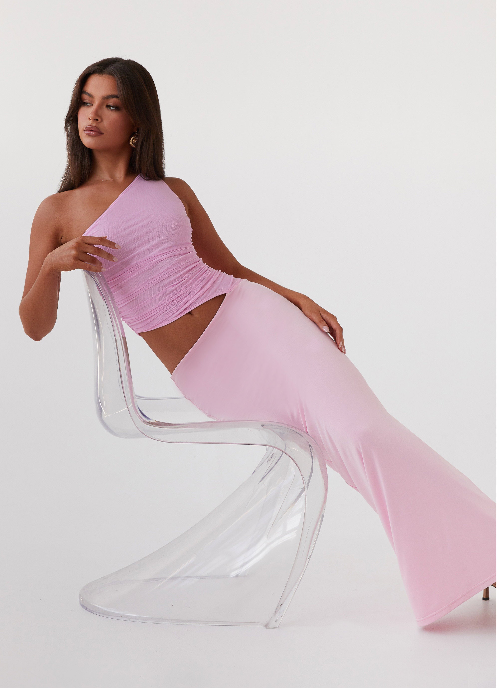 Womens Seranella One Shoulder Maxi Dress in the colour Pink in front of a light grey background
