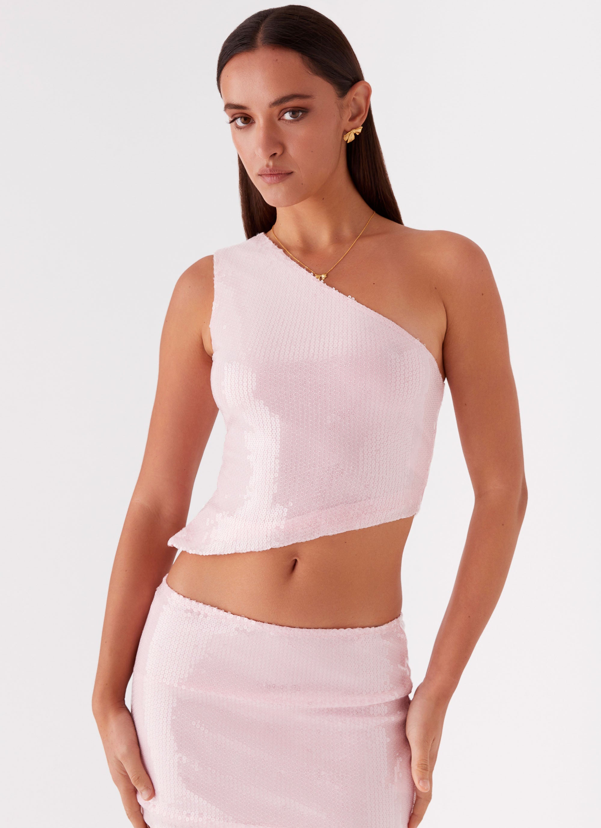 Womens Perfect Fantasy Sequin Top in the colour Pink in front of a light grey background