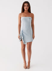 Womens Karmina Denim Mini Dress in the colour Light Blue in front of a light grey background