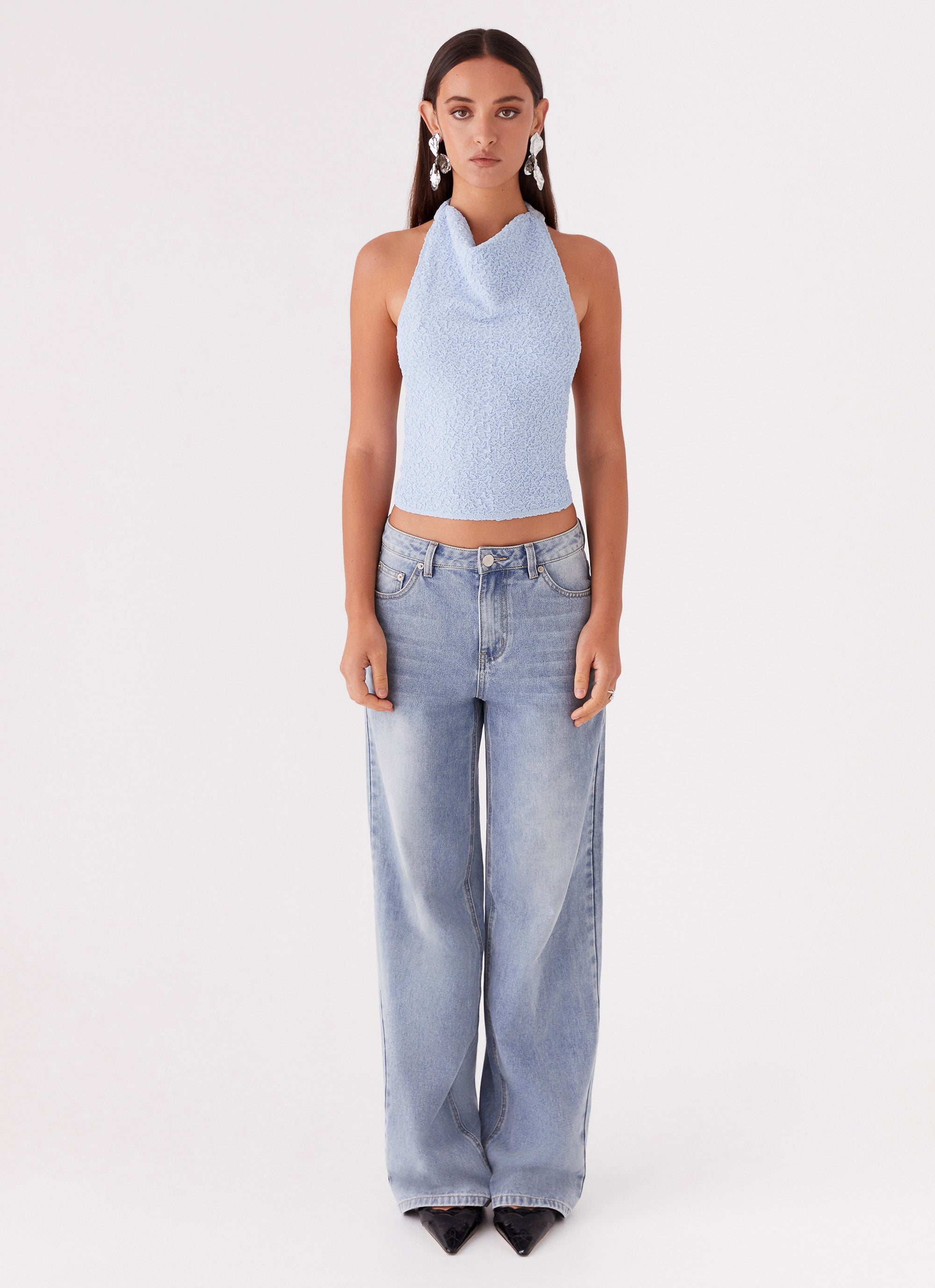 Womens Rhemmy Halterneck Top in the colour Blue in front of a light grey background