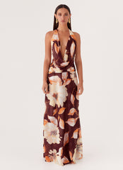 Womens Elysia Chiffon Maxi Dress in the colour Brown Floral in front of a light grey background