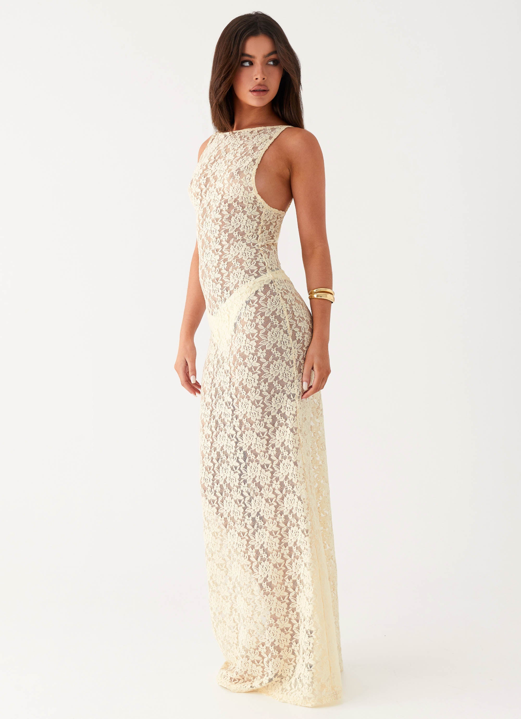 Womens Promised Land Lace Maxi Dress in the colour Ivory in front of a light grey background