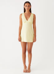 Womens Veena Satin Mini Dress in the colour Yellow in front of a light grey background