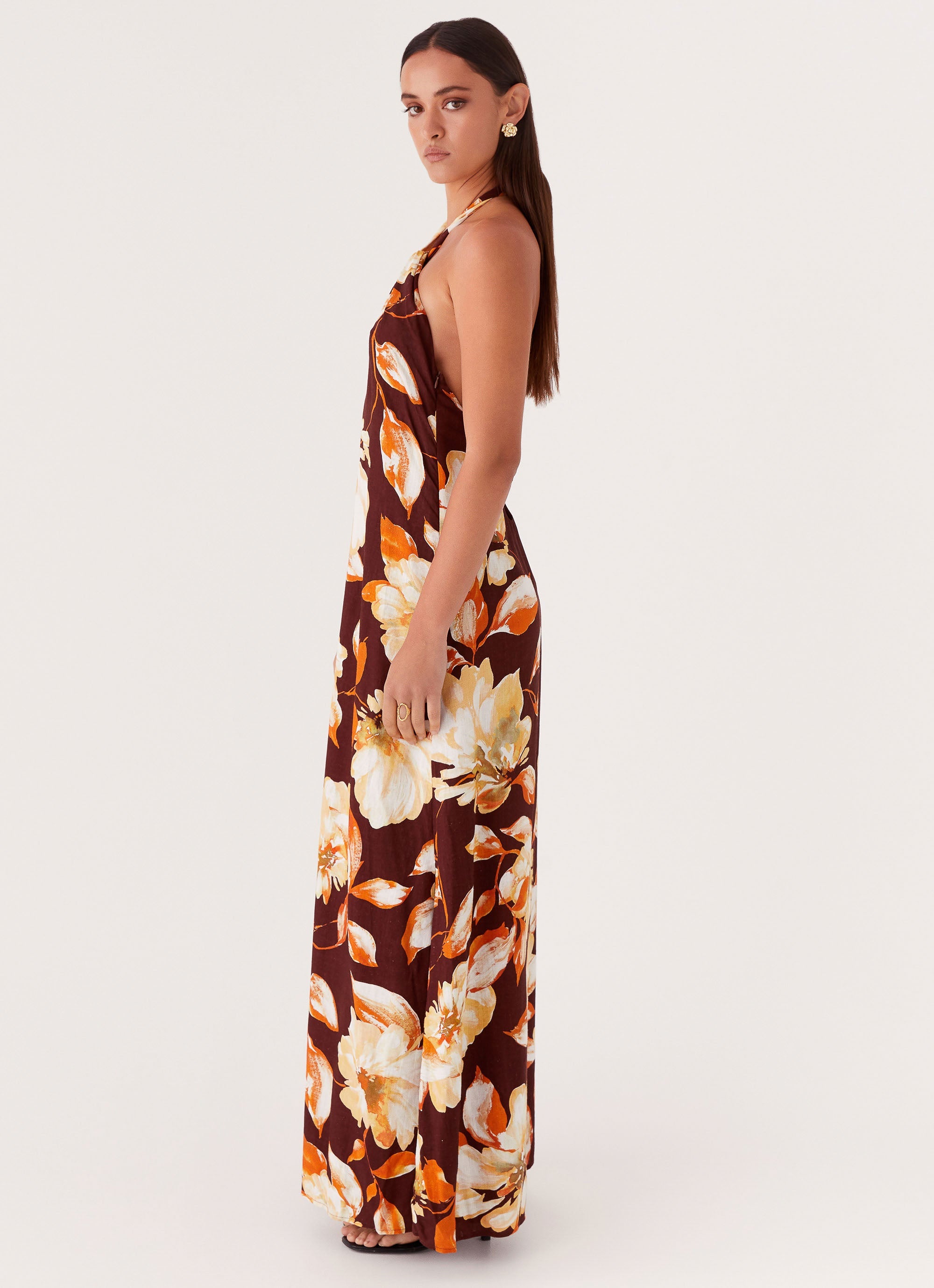 Womens Golden Child Linen Maxi Dress in front of a light grey background
