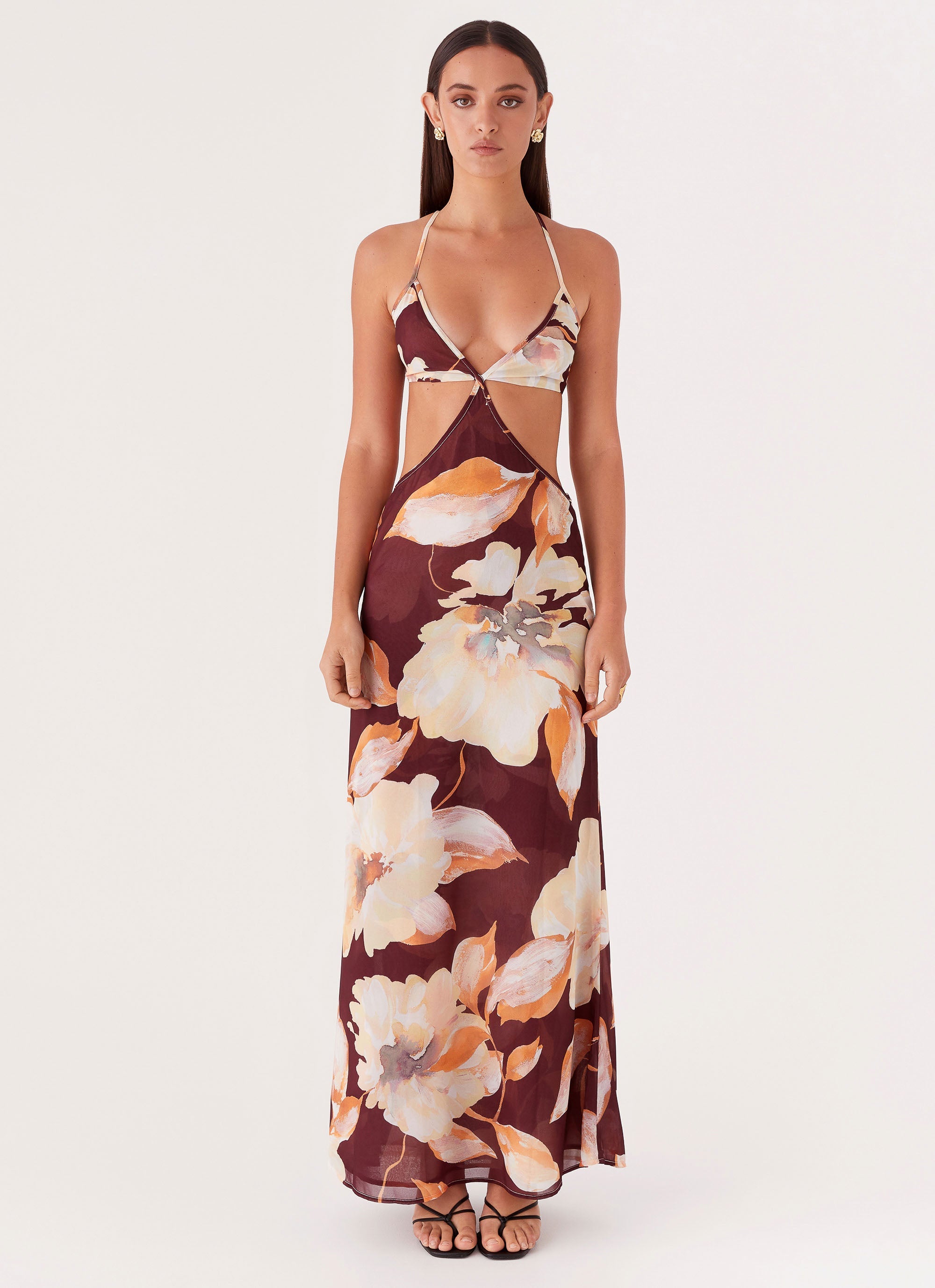 Womens Primrose Daydream Maxi Dress in the colour Brown Floral in front of a light grey background