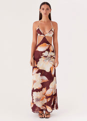 Womens Primrose Daydream Maxi Dress in the colour Brown Floral in front of a light grey background