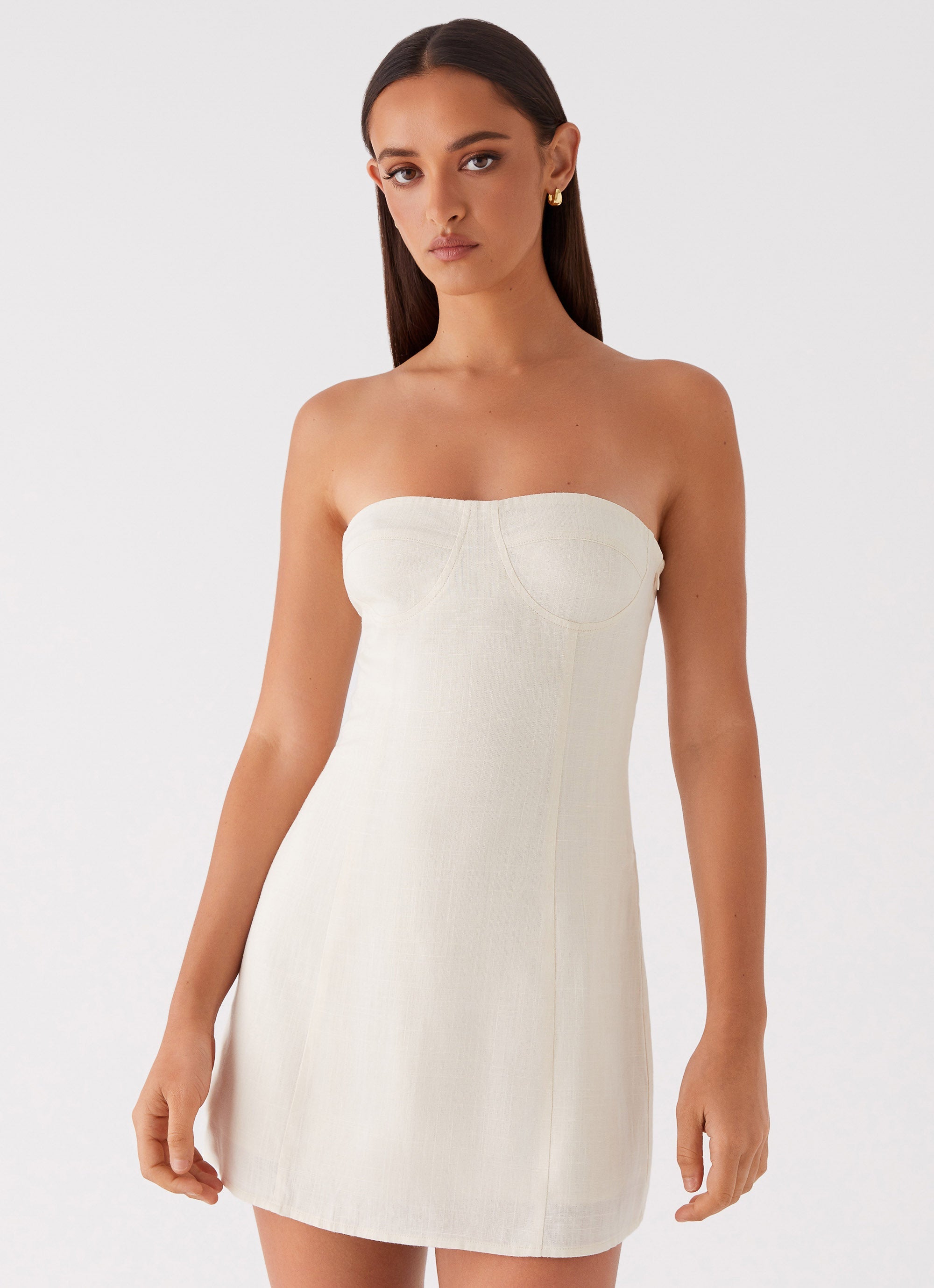 Womens Do It That Way Linen Mini Dress in the colour Ivory in front of a light grey background