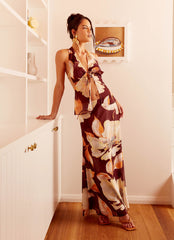 Womens Camellia Halterneck Top in the colour Brown Floral in front of a light grey background