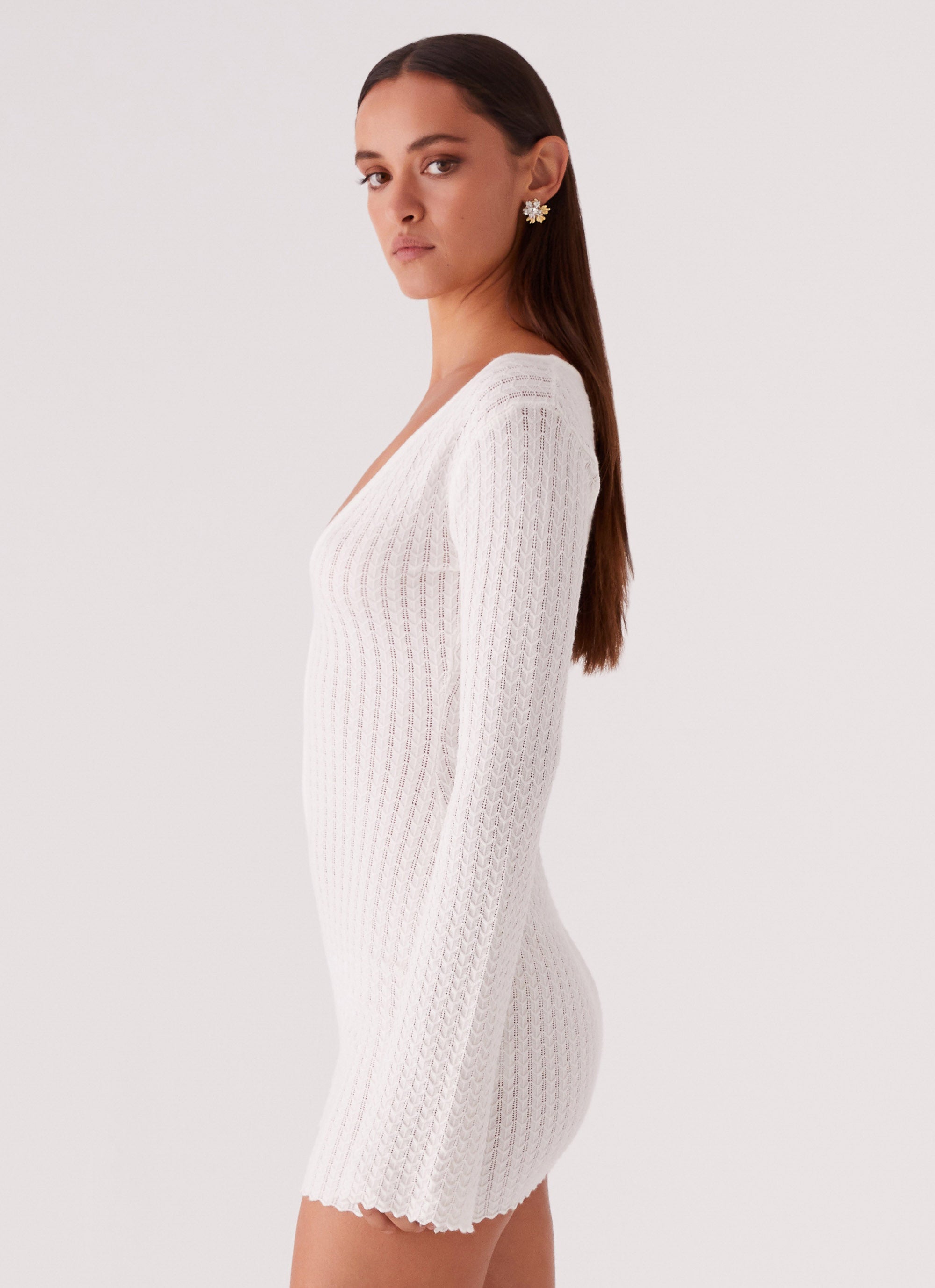 Womens Lavelle Knit Mini Dress in the colour Ivory in front of a light grey background