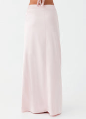 Womens Crescent Light Twist Maxi Skirt in the colour Pink in front of a light grey background