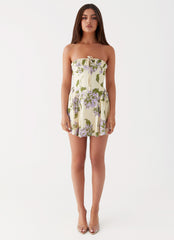 Womens Pardon My French Linen Mini Dress in the colour Yellow Purple Floral in front of a light grey background