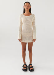Womens Down For The Ride Crochet Mini Dress in the colour Ivory in front of a light grey background