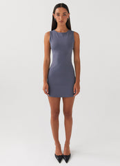 Womens Cosmic Chic Mini Dress in the colour Ash in front of a light grey background