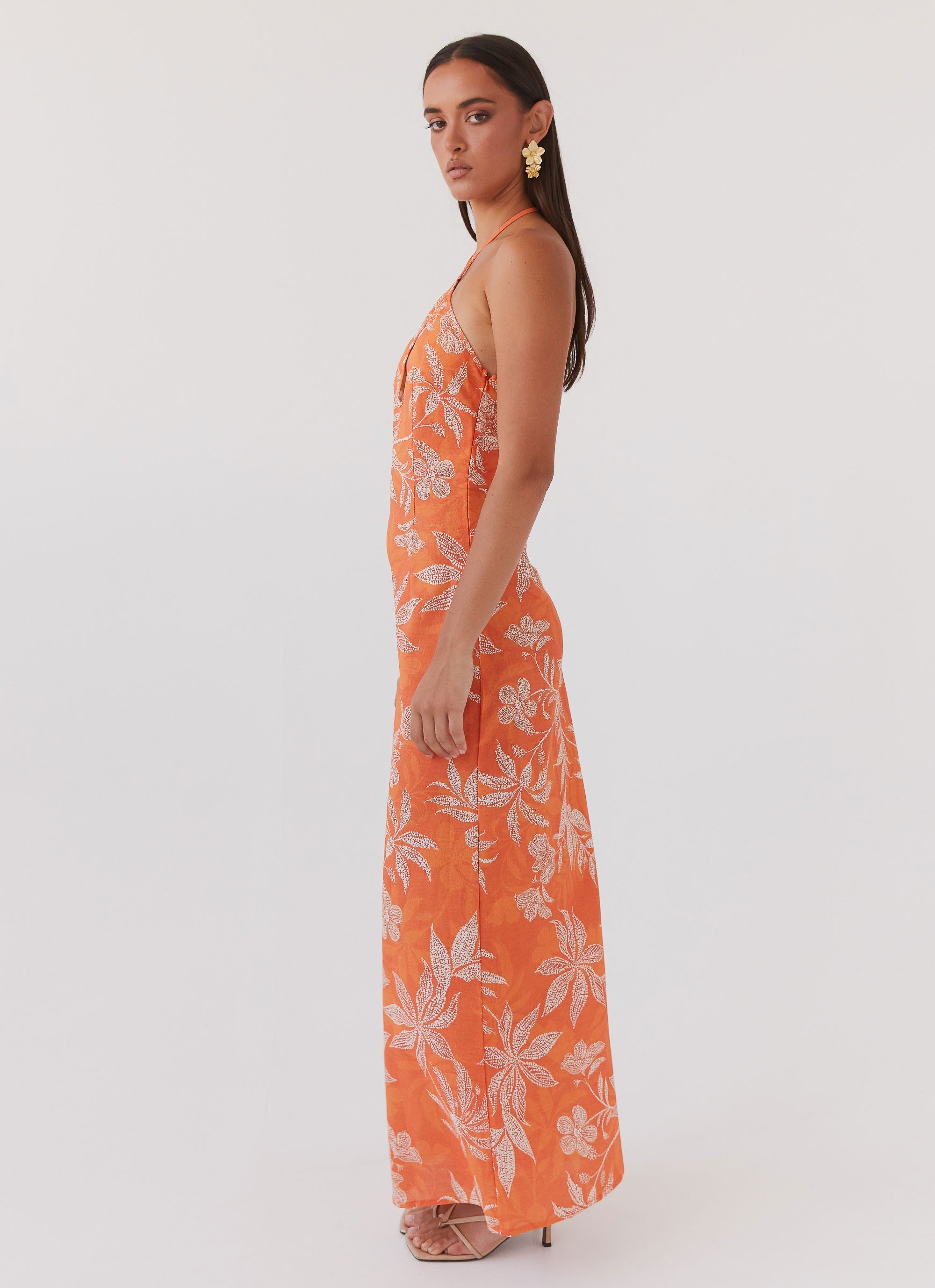 Womens Keliegh Linen Maxi Dress in the colour Tropic Sunset in front of a light grey background