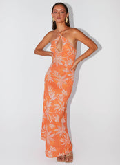 Womens Keliegh Linen Maxi Dress in the colour Tropic Sunset in front of a light grey background
