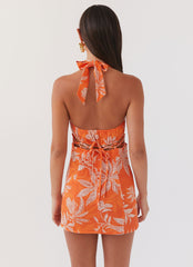 Womens Lyra Linen Mini Dress in the colour Tropic Sunset in front of a light grey background