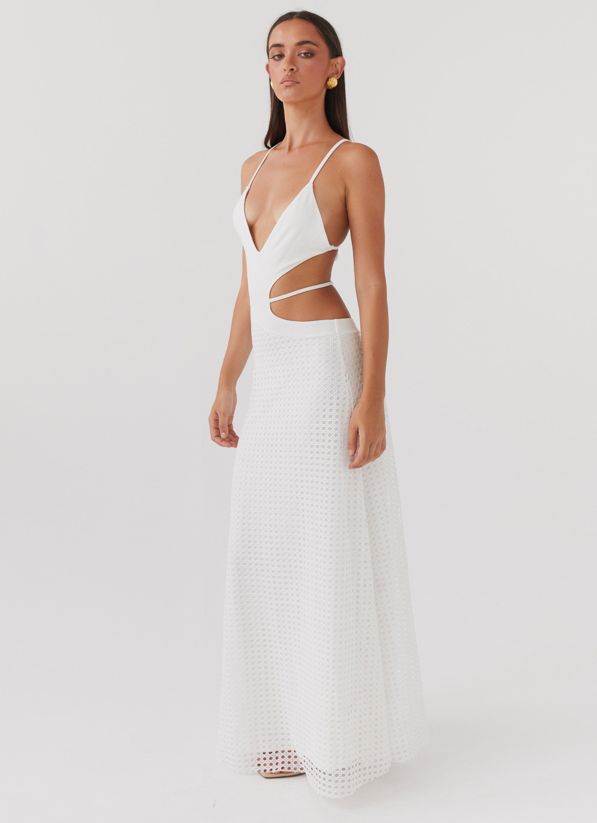 Womens Enchanted Melodies Maxi Dress in the colour White in front of a light grey background