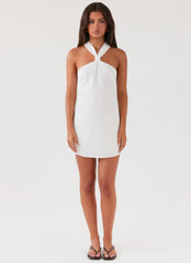 Womens Keira Linen Mini Dress in the colour White in front of a light grey background