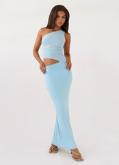 Womens Seranella One Shoulder Maxi Dress in the colour Sky Blue in front of a light grey background
