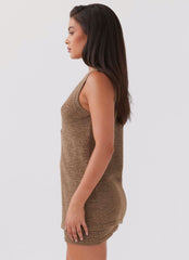 Womens Capri Glow Knit Top in the colour Khaki in front of a light grey background