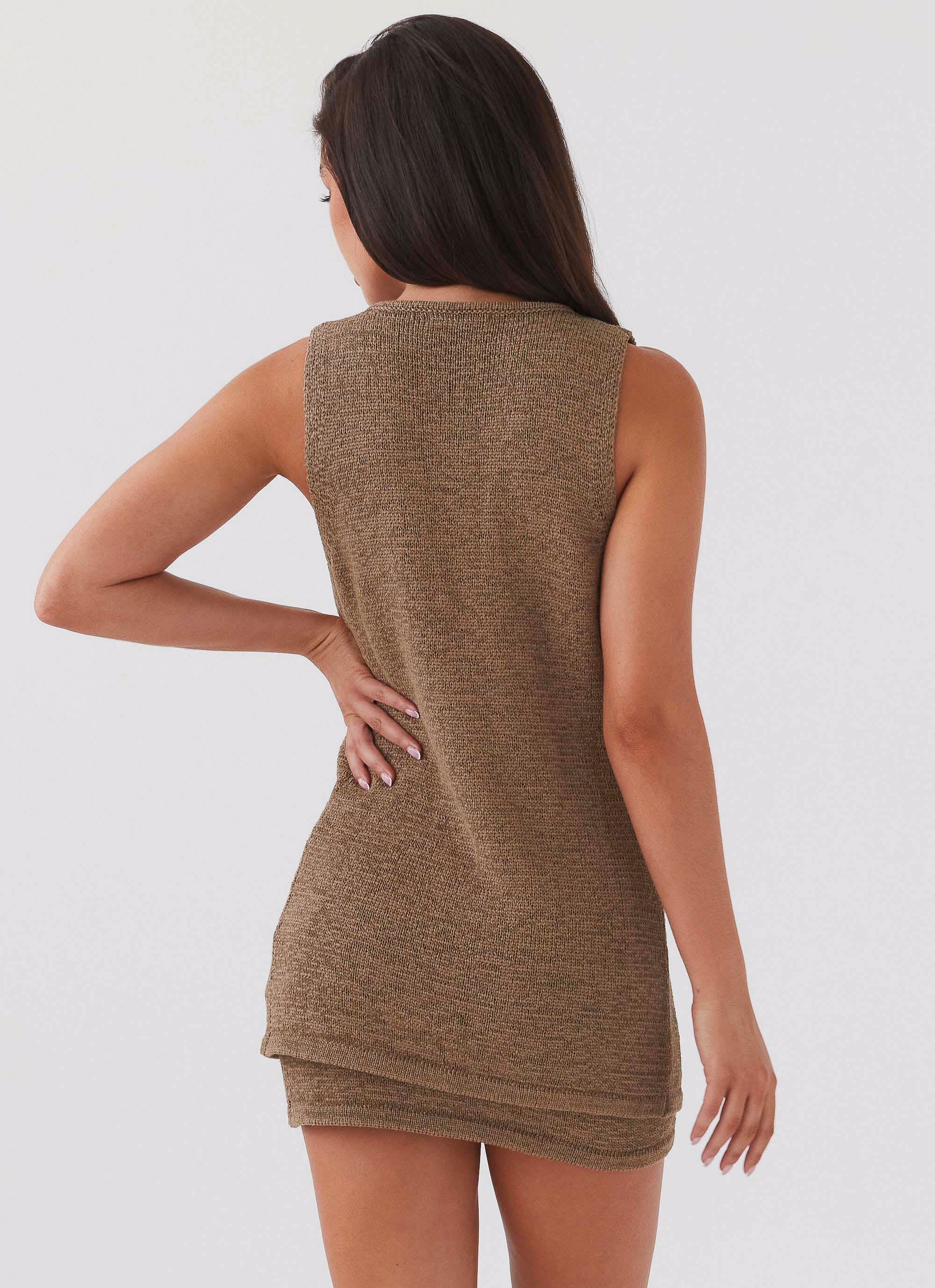 Womens Capri Glow Knit Skirt in the colour Khaki in front of a light grey background