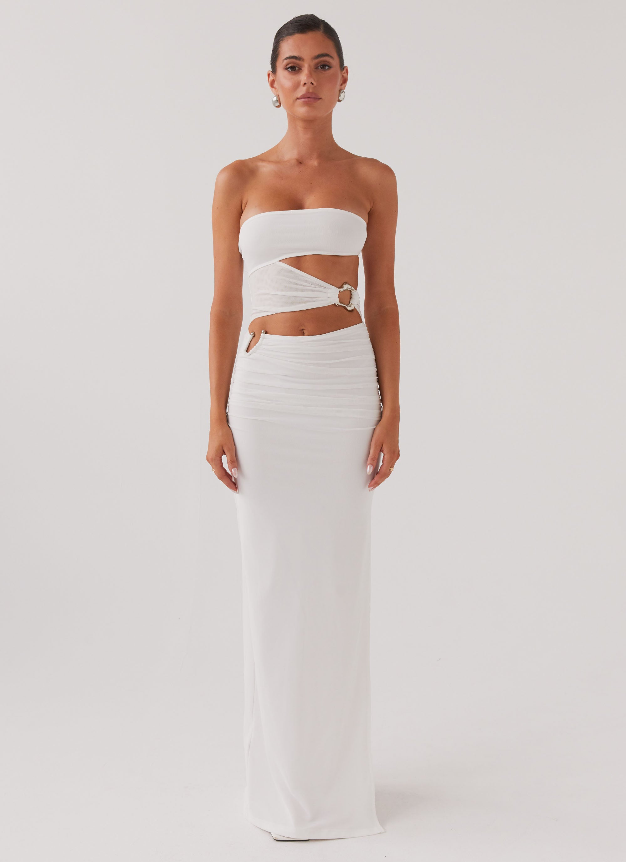 Womens Into Pieces Mesh Maxi Dress in the colour White in front of a light grey background