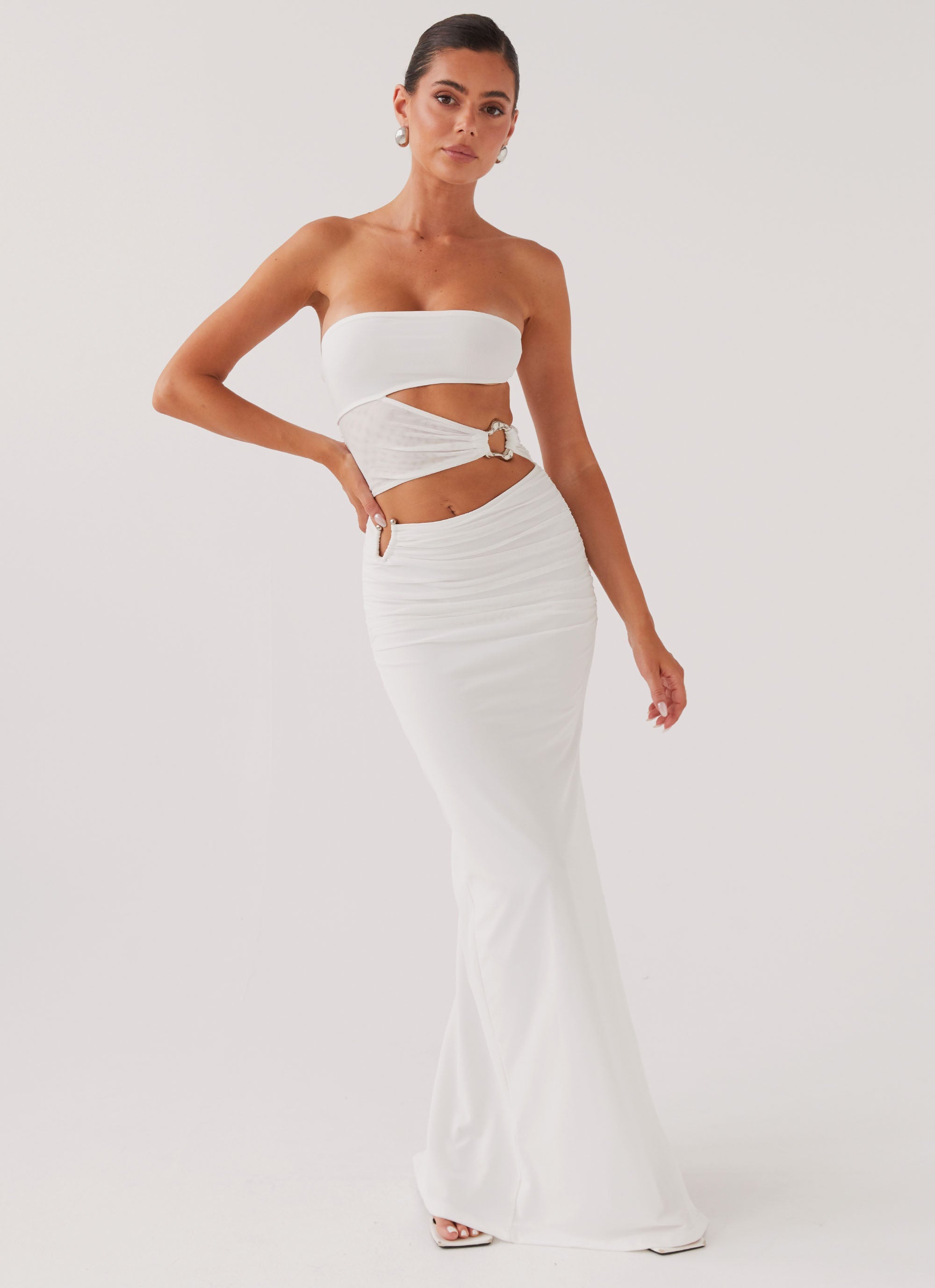 Womens Into Pieces Mesh Maxi Dress in the colour White in front of a light grey background