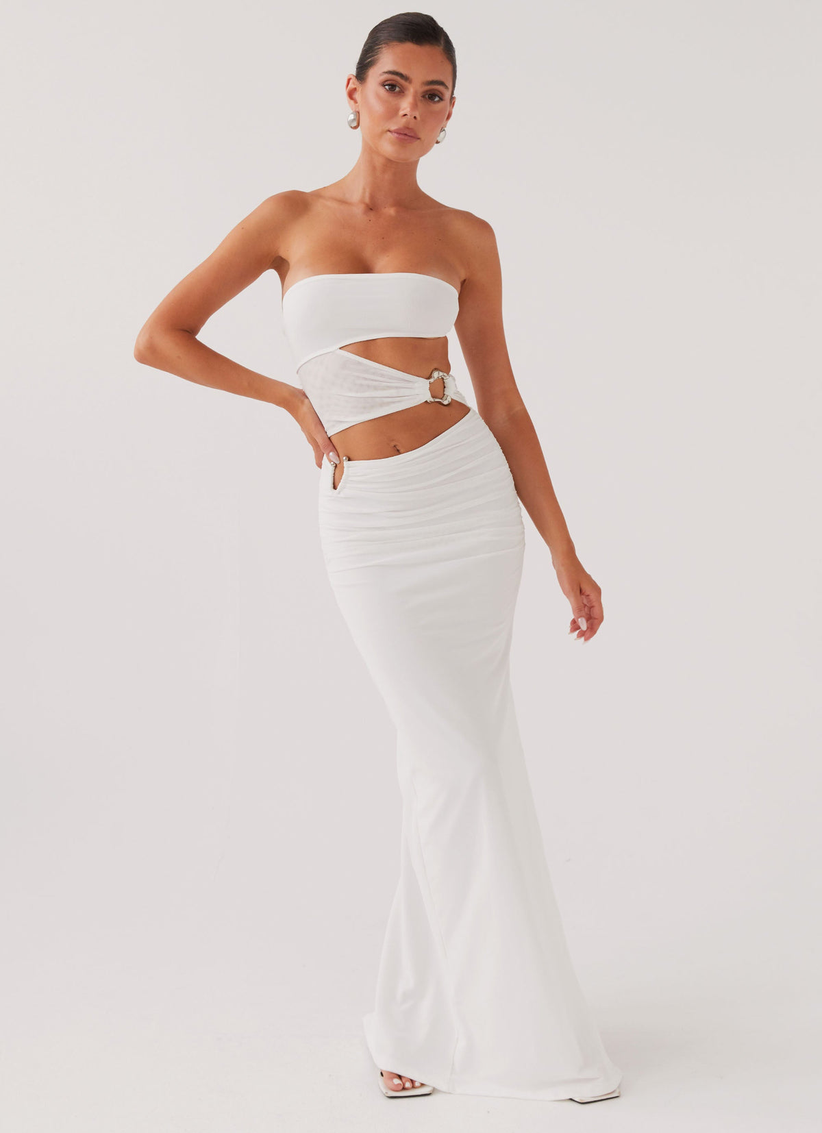 Womens Into Pieces Mesh Maxi Dress in the colour White in front of a light grey background