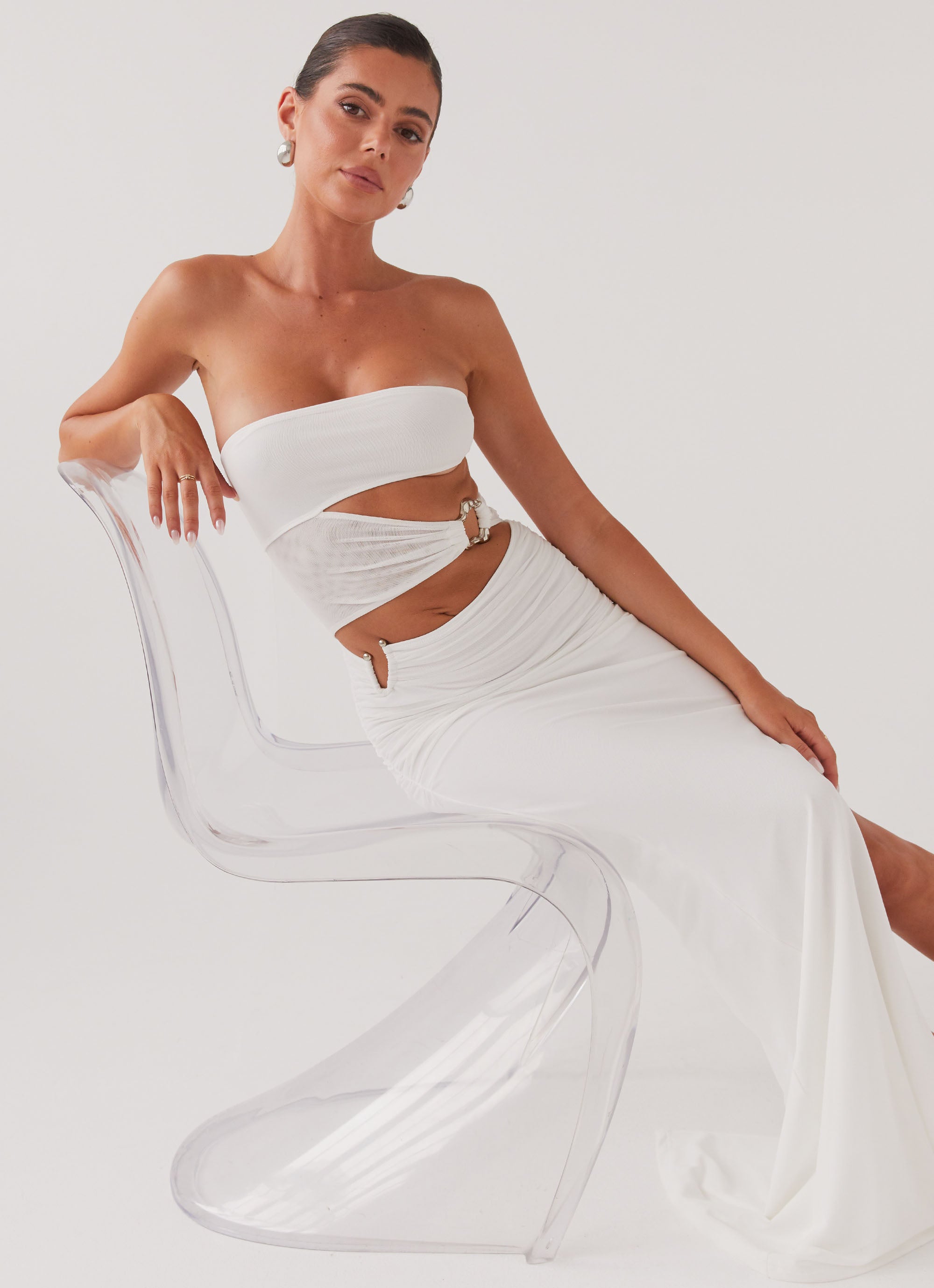 Womens Into Pieces Mesh Maxi Dress in the colour White in front of a light grey background