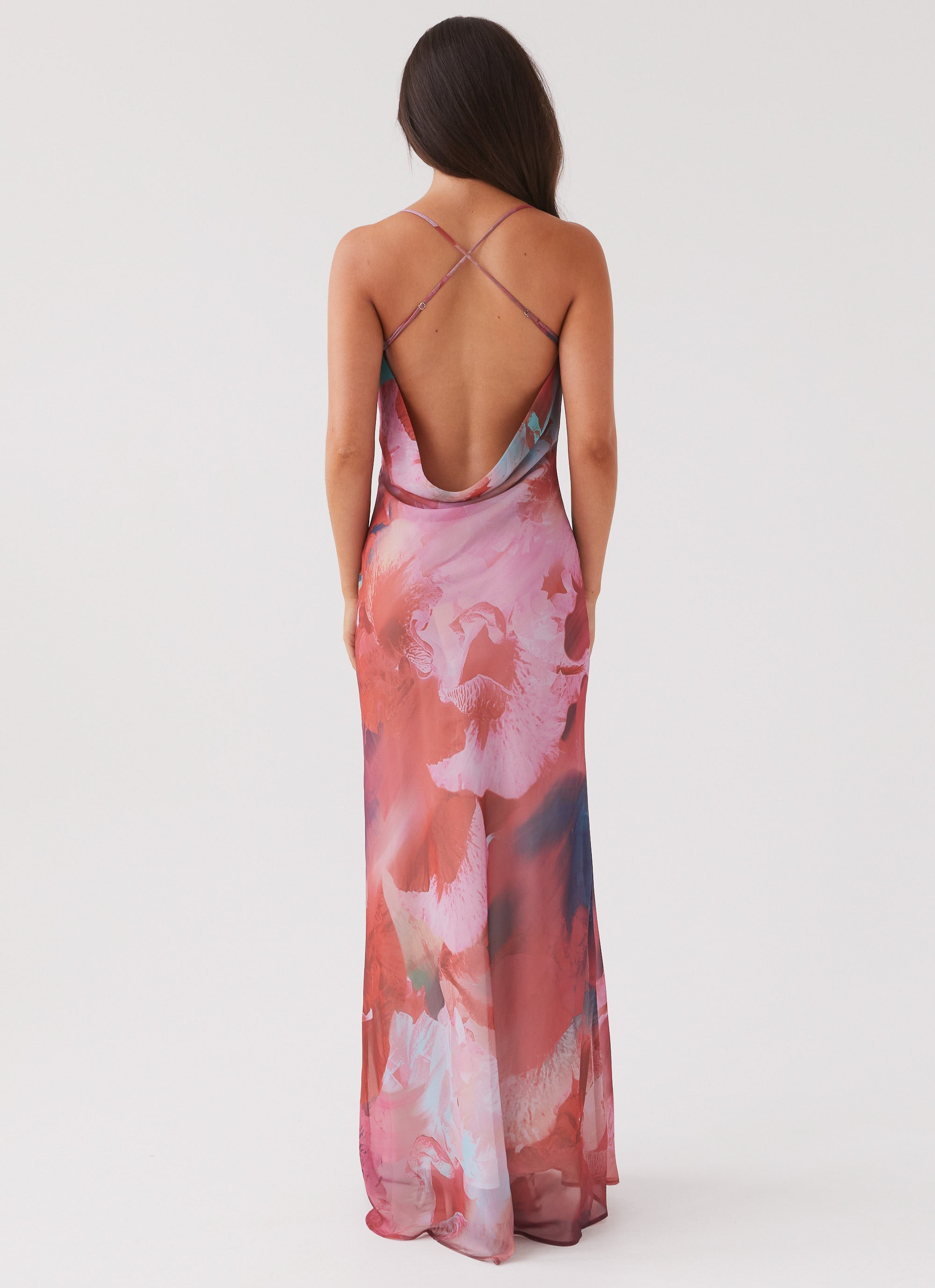 Womens Abigail Cowl Maxi Dress in the colour Scarlet Burst in front of a light grey background