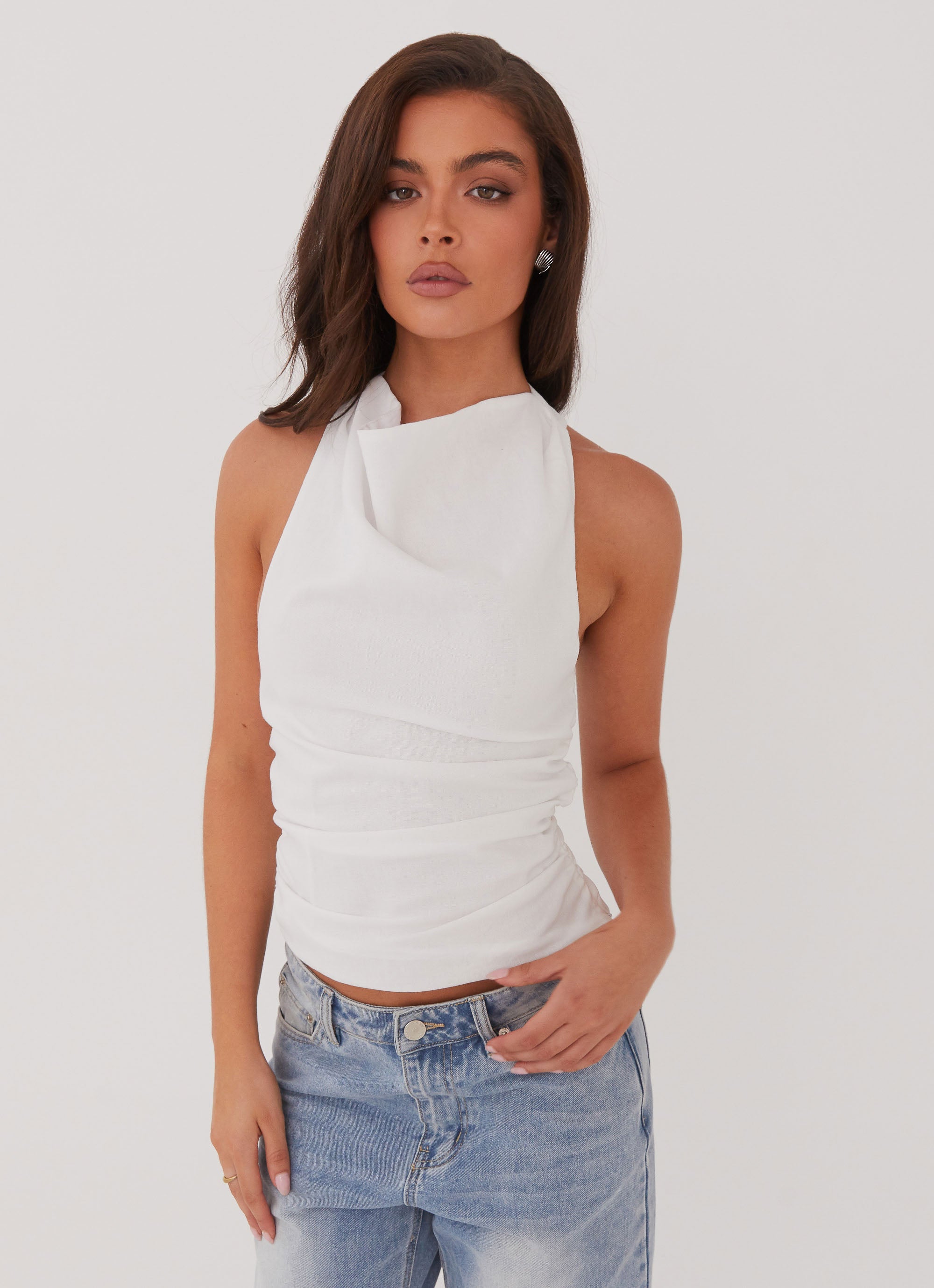 Womens Cloud Whisper Linen Top in the colour White in front of a light grey background