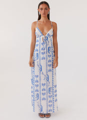 Womens Flora Linen Maxi Dress in the colour Floral Wave in front of a light grey background