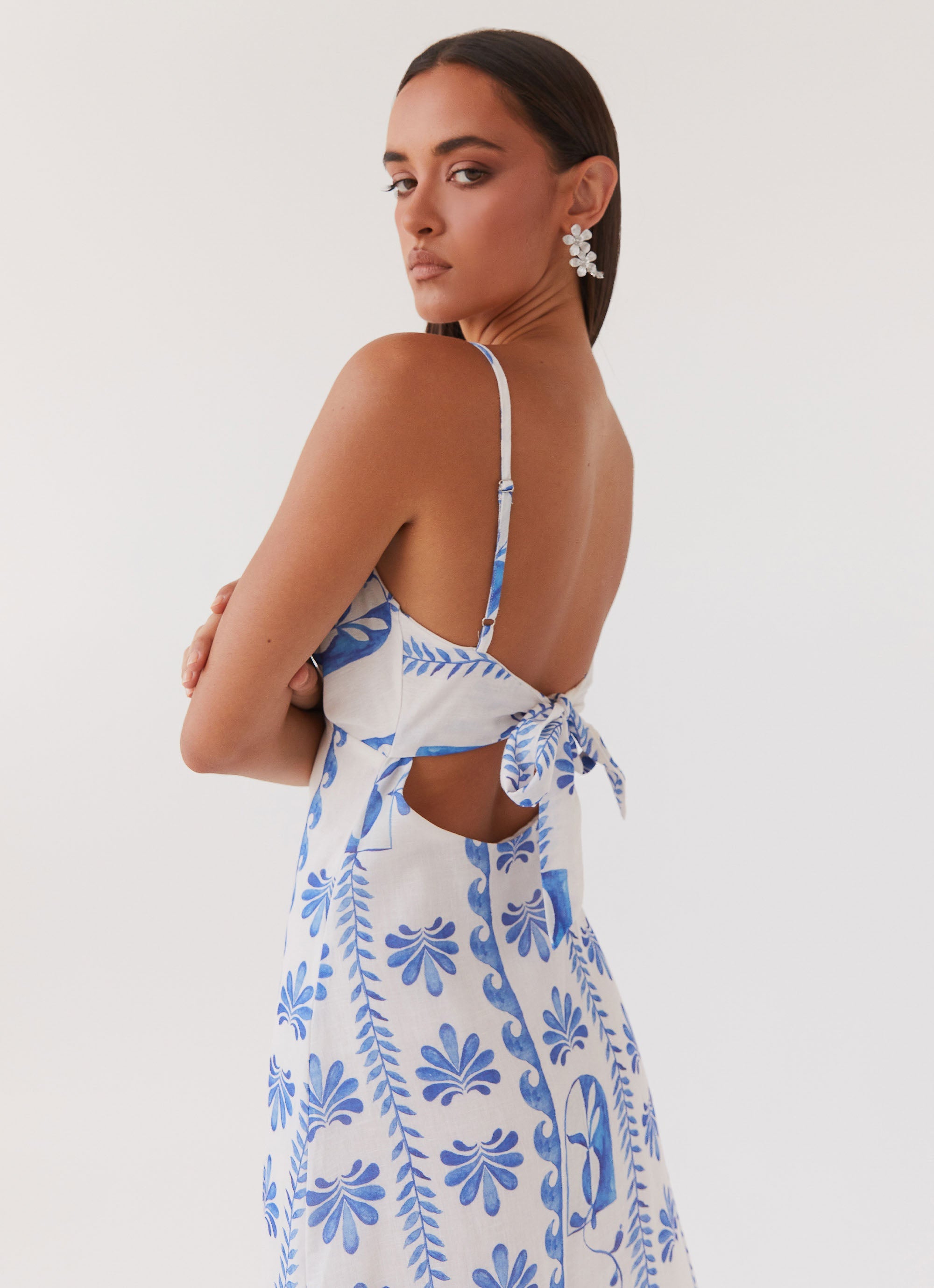 Womens Flora Linen Maxi Dress in the colour Floral Wave in front of a light grey background