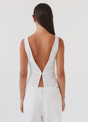 Womens Nori Linen Top in the colour White in front of a light grey background
