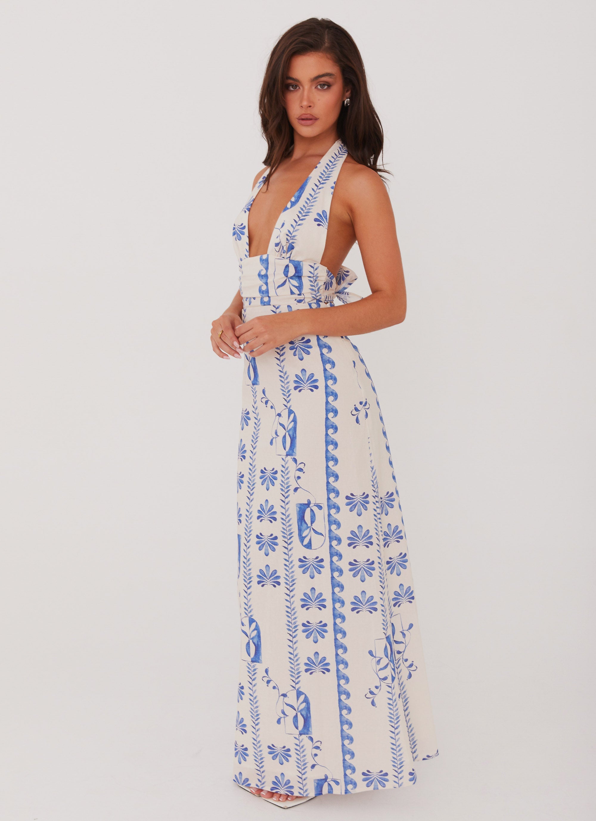 Womens Sky Linen Maxi Dress in the colour Floral Wave in front of a light grey background