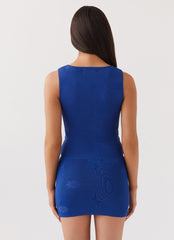 Womens Holly Knit Tank in the colour Cobalt in front of a light grey background