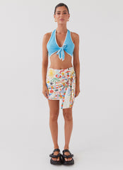 Womens Isle Of Water Linen Tie Top in the colour Azure in front of a light grey background