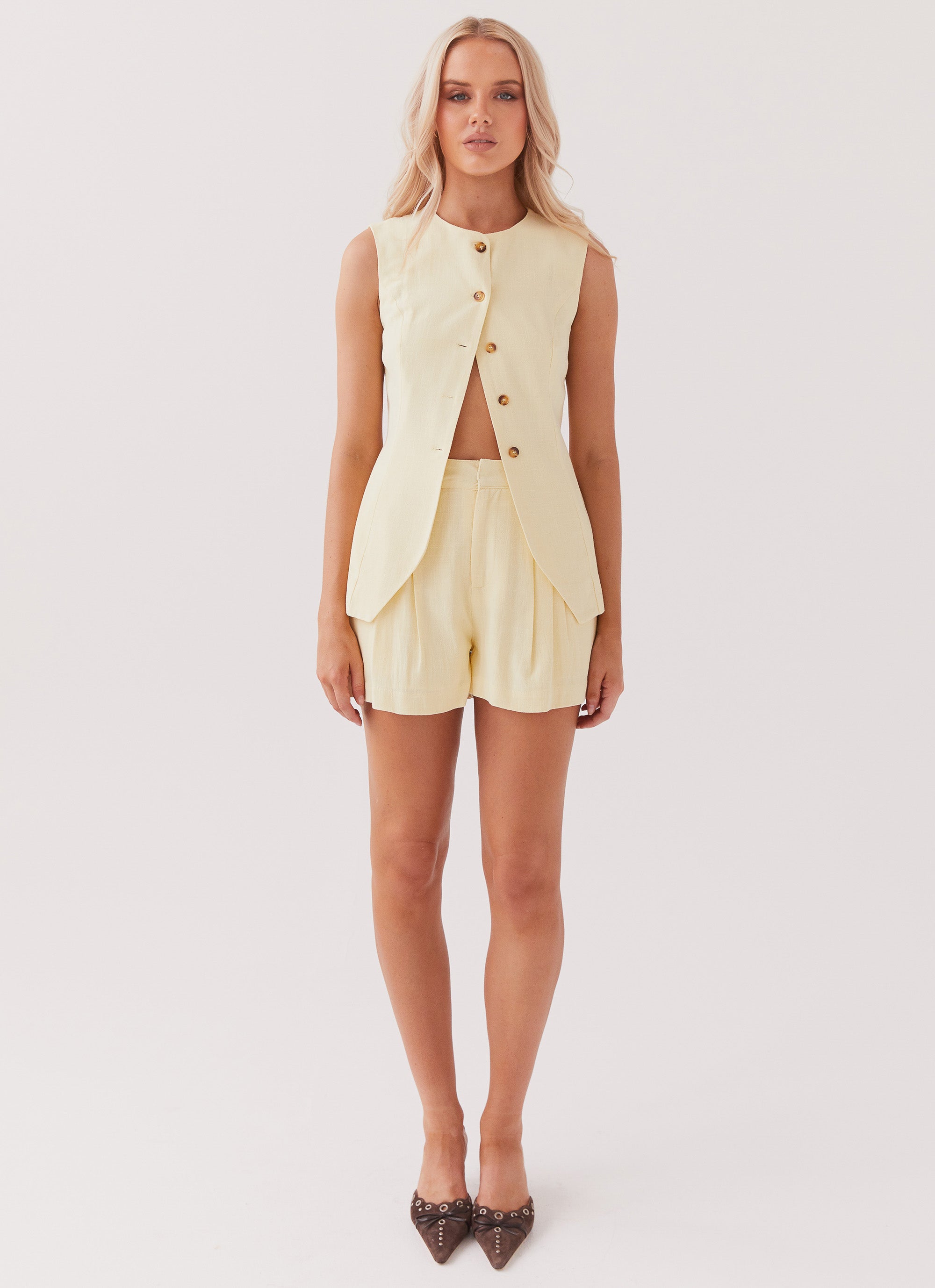 Womens Born For Bordeaux Linen Vest in the colour Lemon in front of a light grey background