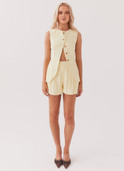 Womens Born For Bordeaux Linen Shorts in the colour Lemon in front of a light grey background