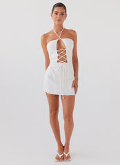 Womens Island Echoes Linen Mini Dress in the colour White in front of a light grey background