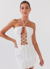 Womens Island Echoes Linen Mini Dress in the colour White in front of a light grey background
